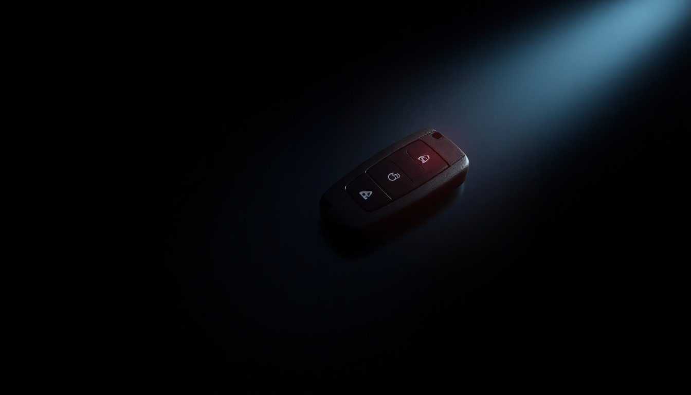 An extreme close-up photograph of a car key fob against a pitch-black background, lit by a harsh, direct camera flash. The fob reflects a faint red light, conceptually representing the urgency and investigation of a child abduction case.