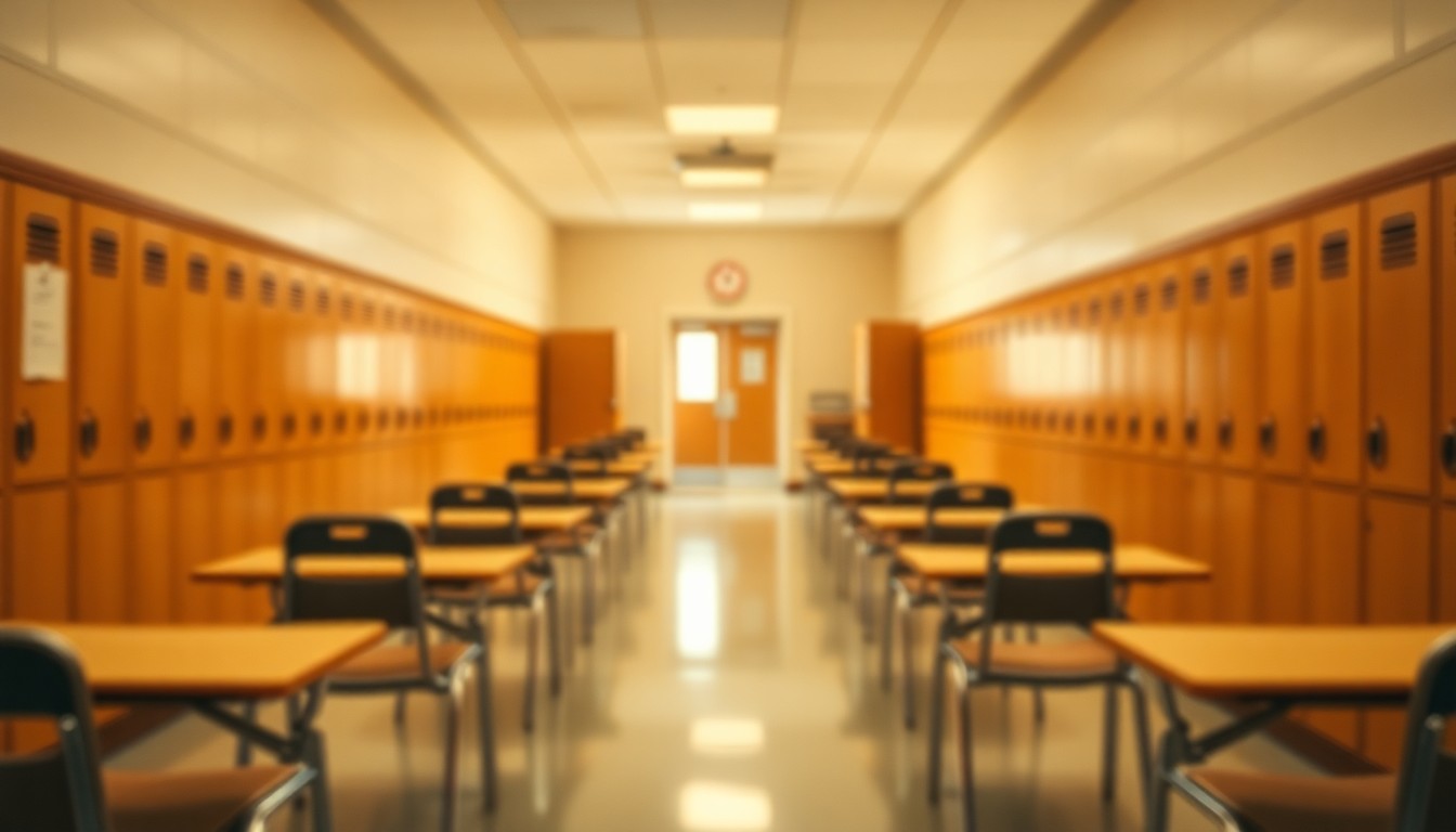 An extremely abstracted, out-of-focus photograph in soft, warm tones depicting the interior of an empty school, with blurred shapes of desks, chairs, and lockers conveying a sense of melancholy and transition as enrollment declines.