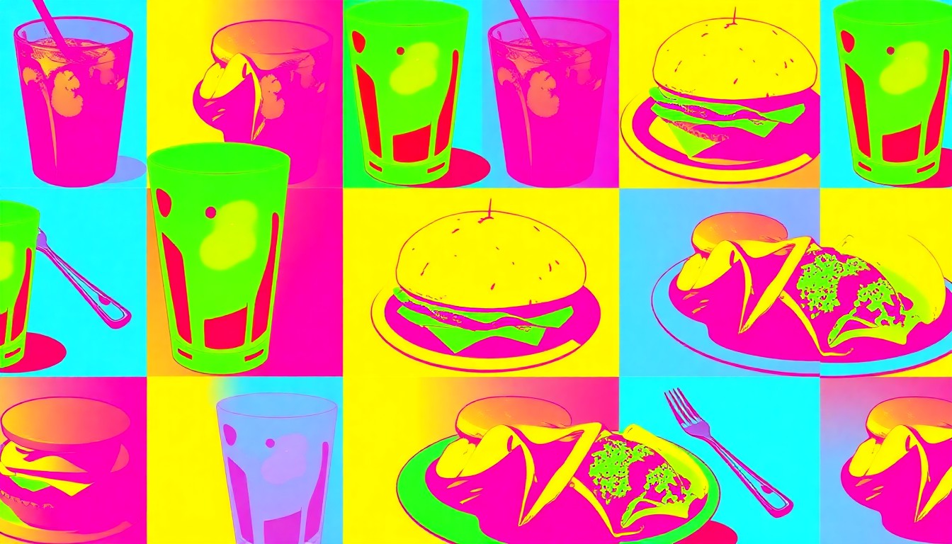 A high-contrast silkscreen print in neon colors depicting a repeated pattern of an iconic outdoor dining item like a glass of iced tea or a plate of tacos, capturing the lively and wind-resistant patio culture of Amarillo, Texas.