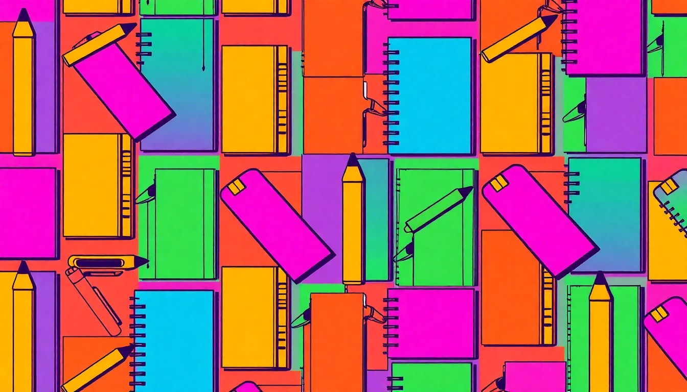 A high-contrast, brightly colored silkscreen print of a school supply item such as a pencil or notebook repeated in a grid pattern, conceptually representing the grassroots energy of the Little Lake teacher strike.