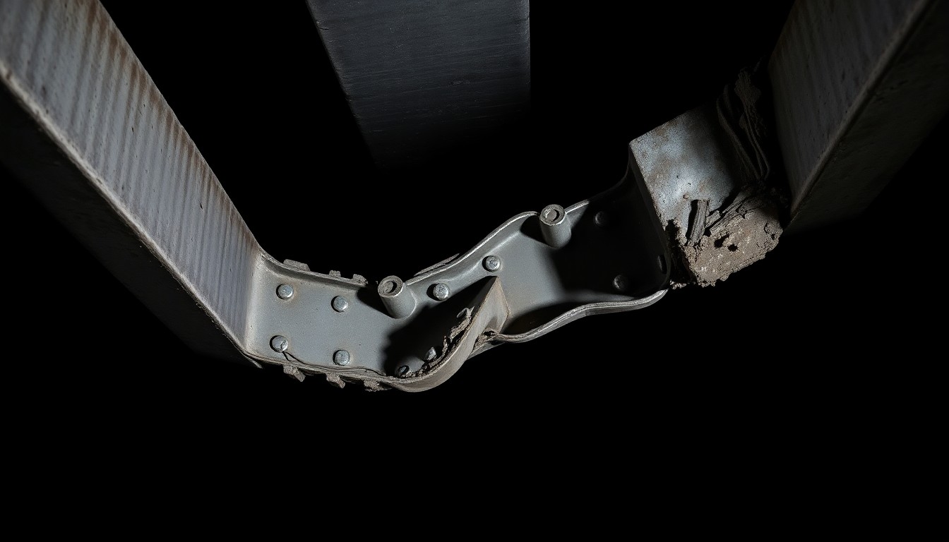 An extreme close-up of a twisted, crumpled metal beam from the collapsed parking garage, conceptually illustrating the need for a thorough investigation into the incident.