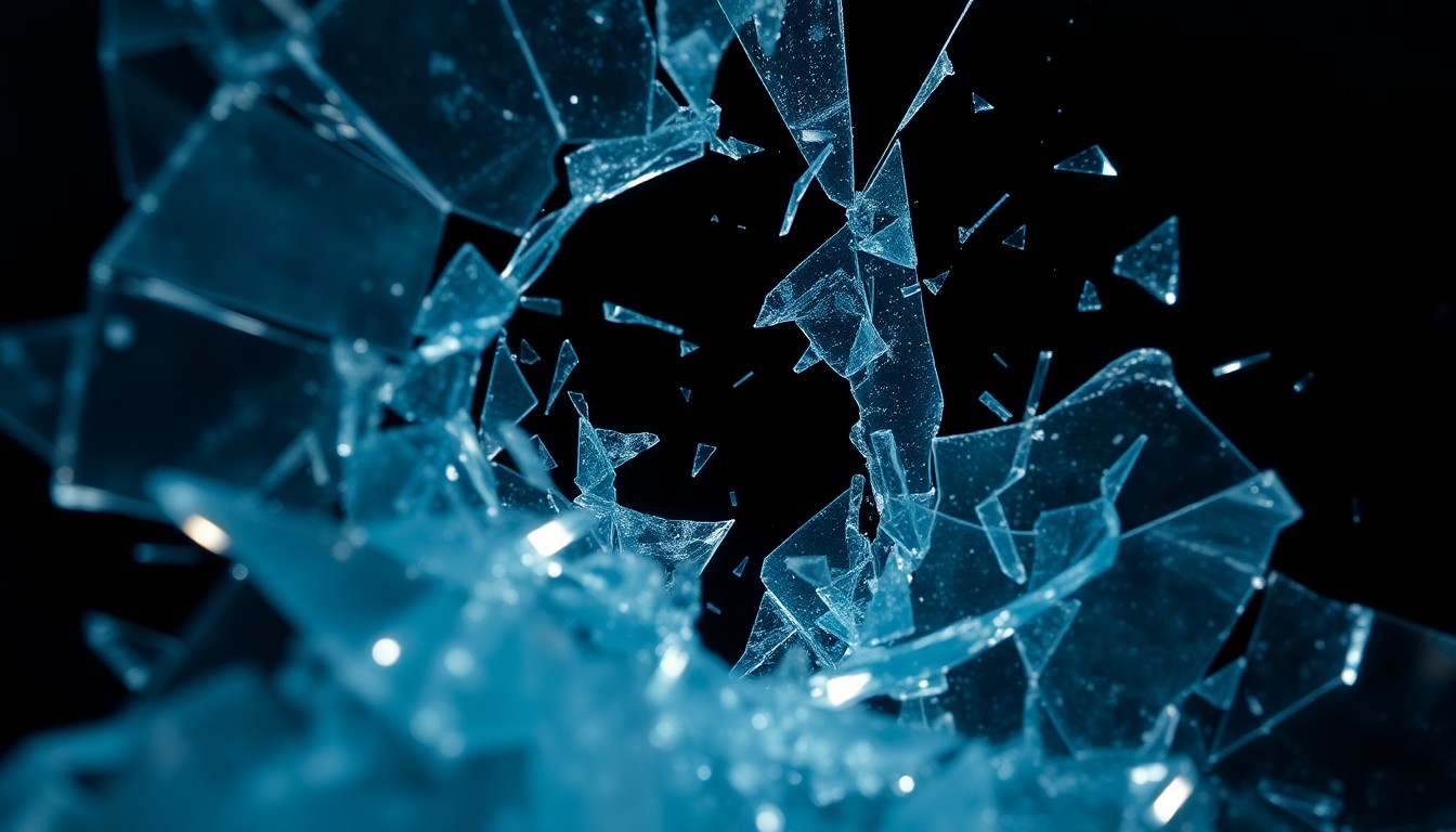 An extreme close-up of shattered glass and plastic fragments reflecting dramatic studio lighting, conceptually representing the intense emotional drama and unexpected plot twists of the Boston Blue season finale.