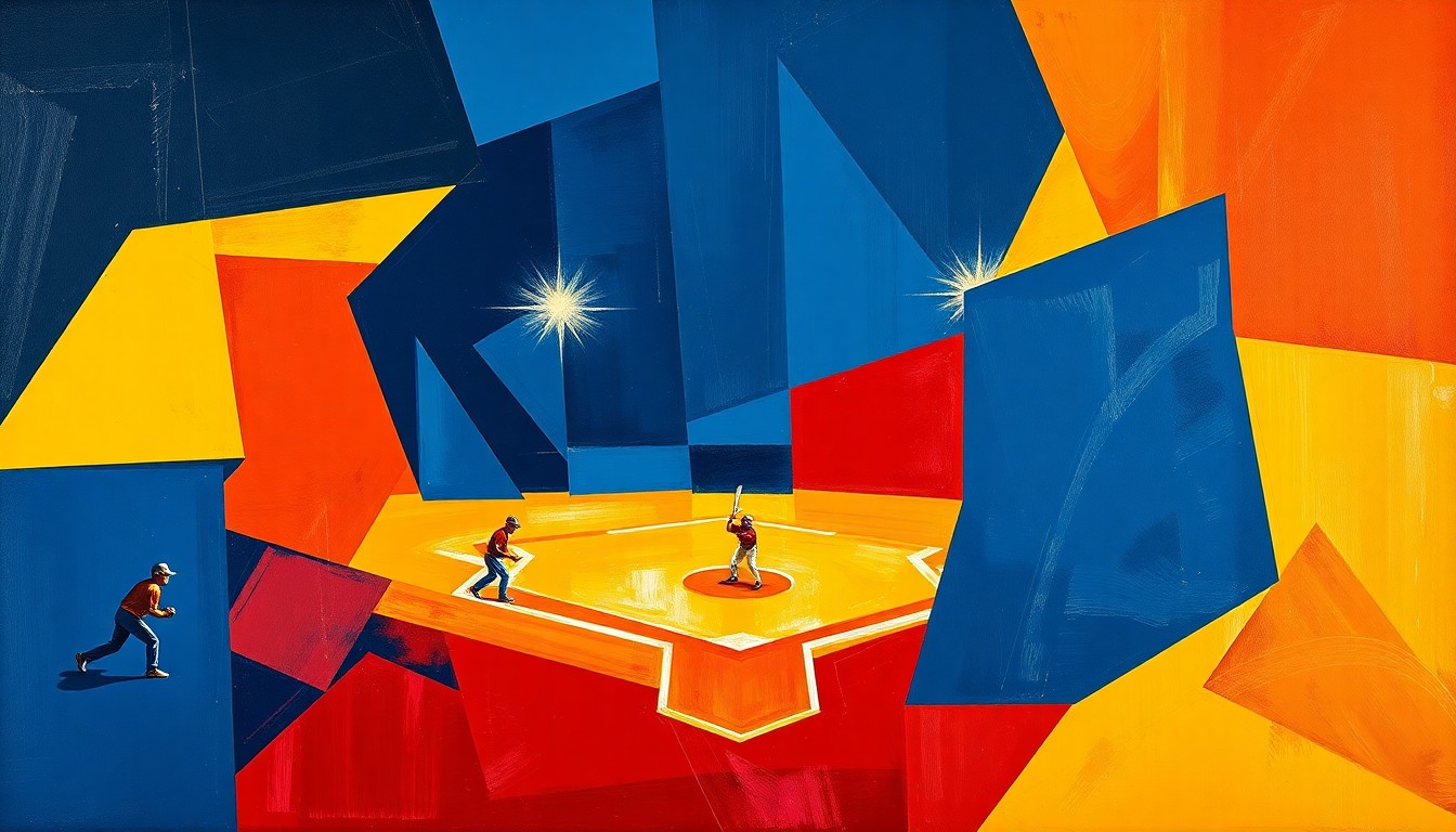 A fractured, geometric painting depicting the dynamic action of a softball game, with sharp planes of color and overlapping perspectives conveying the intensity of the matchup.