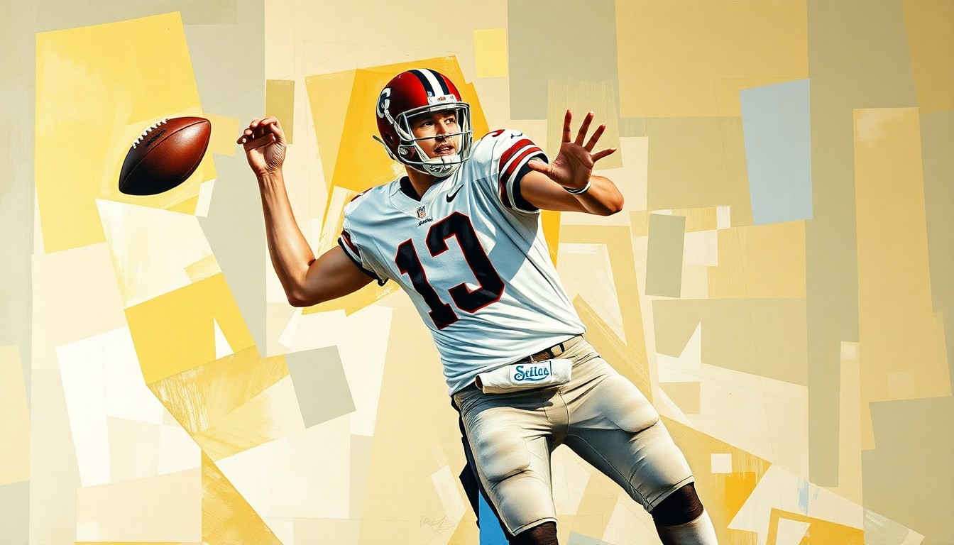 A cubist-style painting depicting a college football quarterback's throwing motion broken down into sharp, overlapping geometric shapes and planes, conceptually representing the challenges Simpson faced and overcame during his time at Alabama.