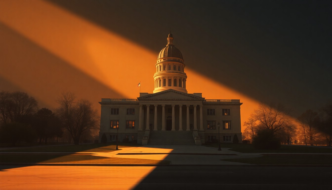 A photorealistic painting of a state capitol building in North Carolina, with the structure bathed in warm, golden sunlight and deep shadows, conveying a sense of political drama and high stakes.