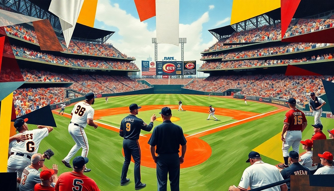 A fragmented, abstract painting depicting a baseball game between the San Francisco Giants and Cincinnati Reds, with players' bodies and the field broken down into sharp, overlapping geometric shapes and planes of color, conveying the chaos and intensity of a bench-clearing altercation.