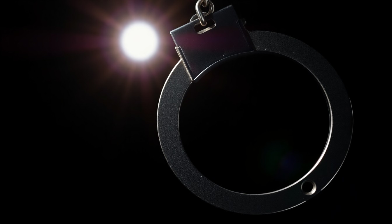 An extreme close-up of a metal handcuff chain, the harsh lighting and dark background creating a gritty, investigative aesthetic that conceptually represents the law enforcement activities described in the news story.