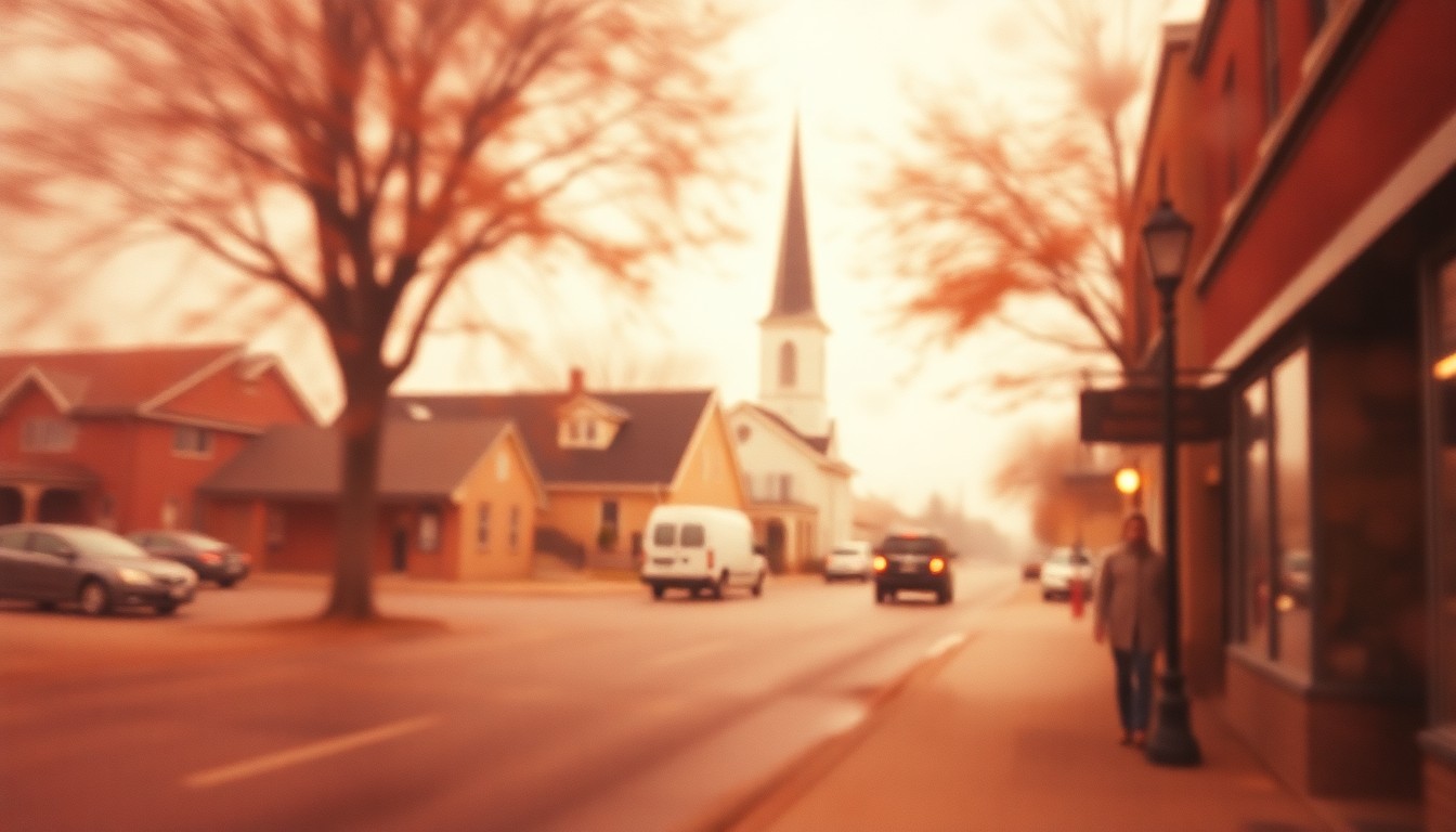An impressionistic, out-of-focus scene of a small-town main street with a church steeple in the distance and blurred figures walking along the sidewalk, conveying a sense of nostalgia and the quiet passing of time in a close-knit community.