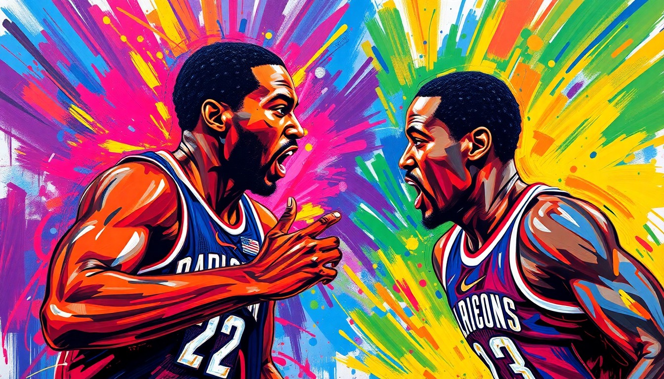 An abstract, energetic painting featuring bold, neon-colored brushstrokes that capture the dynamic movements and competitive spirit of two professional athletes, conveying the passion and intensity of their careers and relationship.