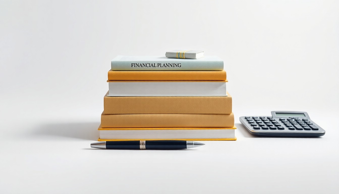 A photorealistic studio still life featuring a stack of financial planning textbooks, a pen, and a calculator arranged on a clean white background, symbolizing the abstract concepts of financial education and strategy.