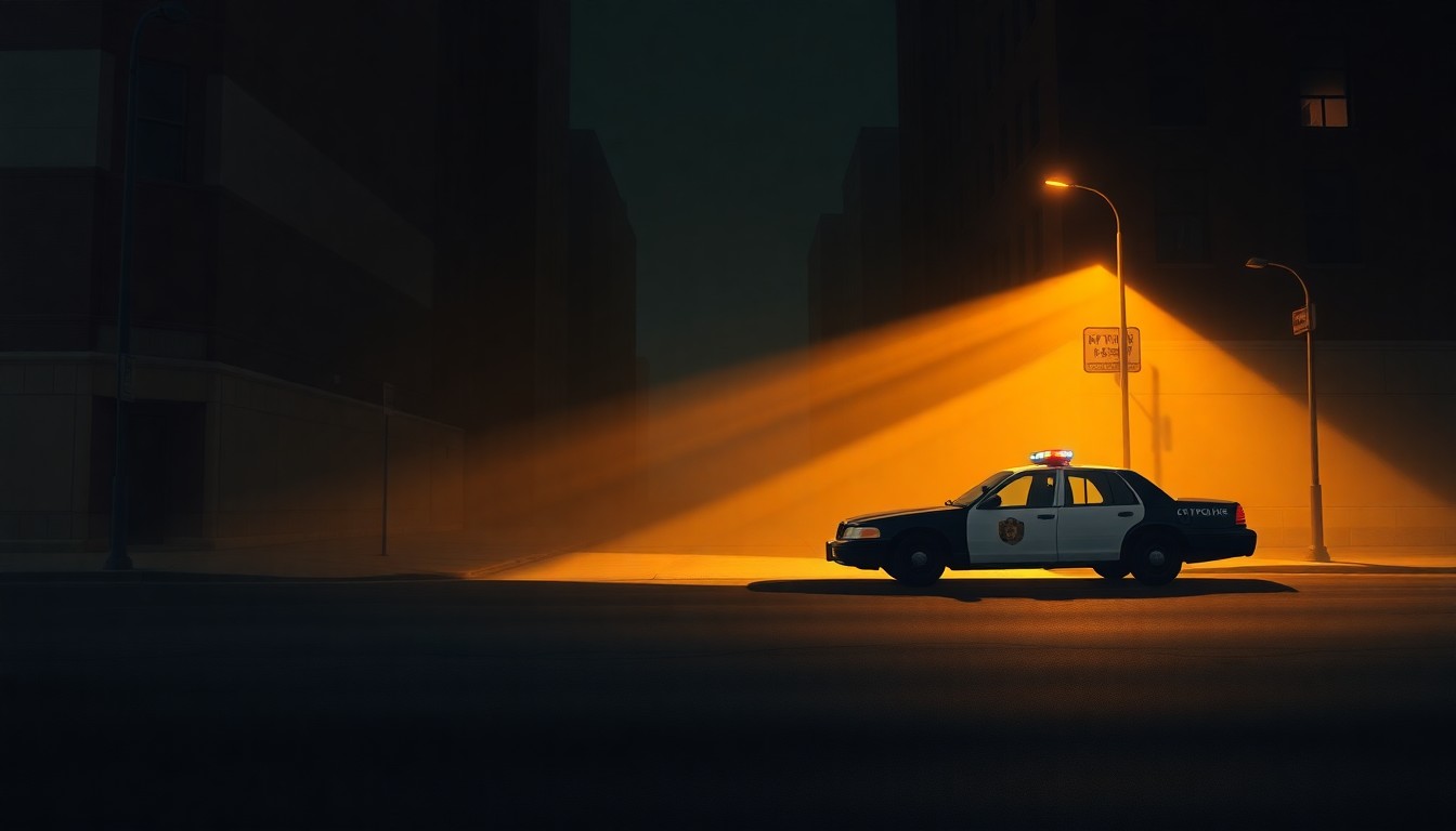 A photorealistic painting of a solitary police car parked on a dimly lit urban street, with warm sunlight casting long shadows across the pavement, conveying a sense of quiet contemplation and the complexities of policing public demonstrations.