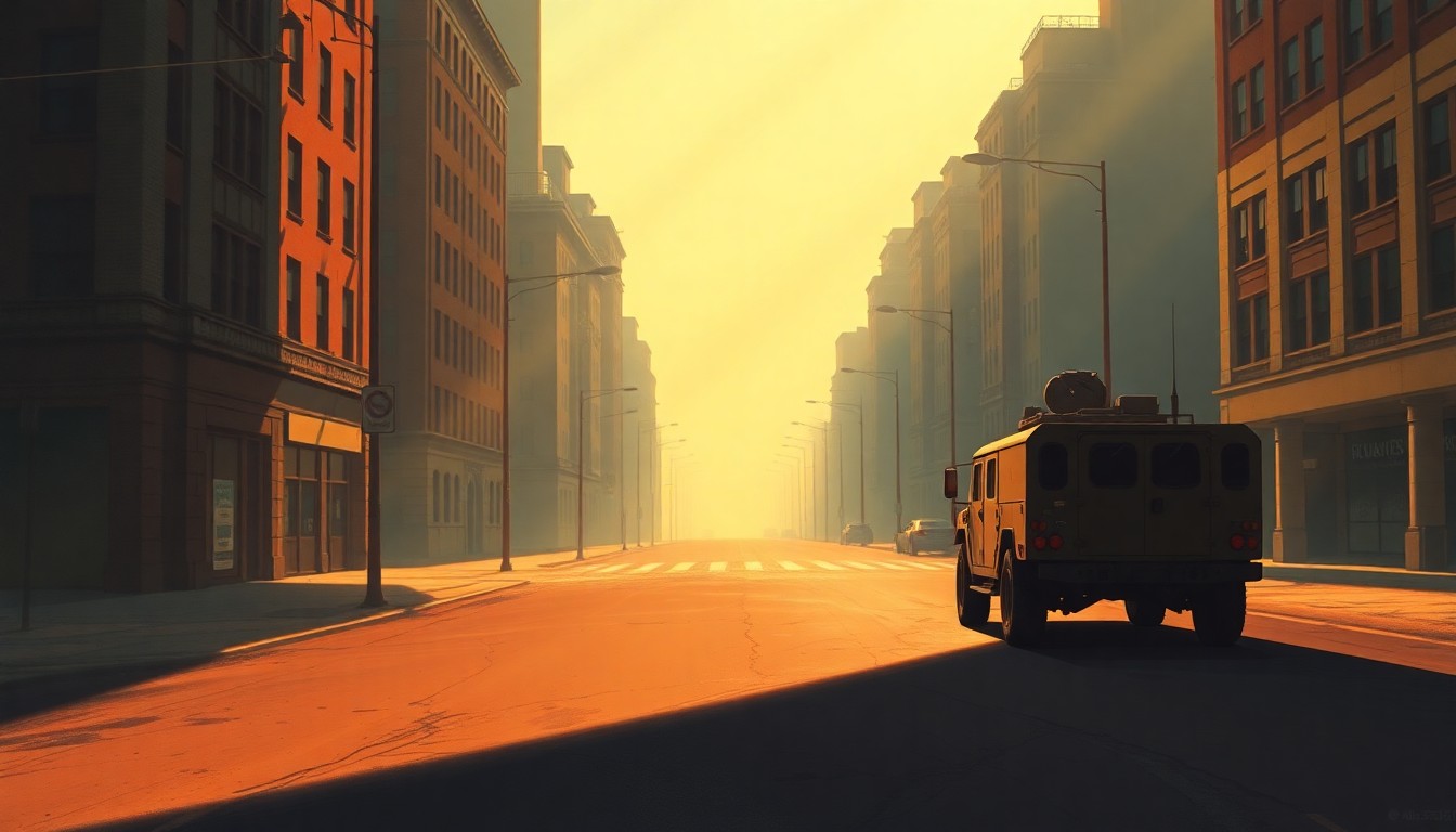 A photorealistic painting of a military vehicle parked on a quiet city street, with warm sunlight casting long shadows across the pavement and buildings. The scene conveys a sense of solitude and contemplation, hinting at the human toll and strategic challenges of the conflict.