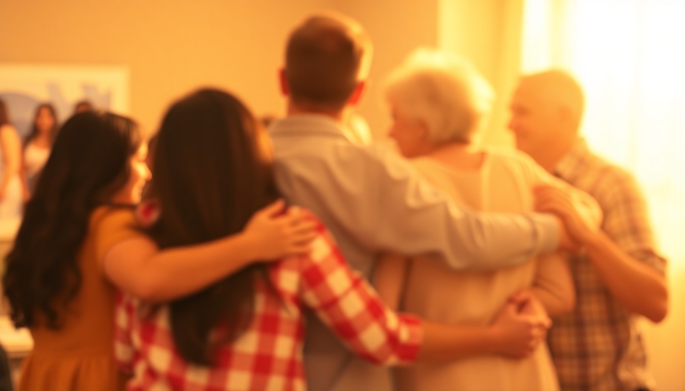 An extremely abstracted, out-of-focus photograph shot through condensation or rain-streaked glass, composed of soft pools of warm color and light depicting a family gathering and celebration of life.