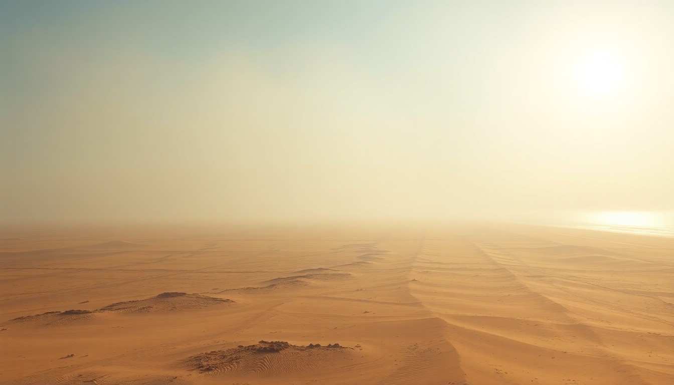 A sweeping, atmospheric landscape painting in muted tones of ochre, sienna, and pale blue, depicting the vast, empty Daytona Beach shoreline under a hazy, oppressive summer-like sky.