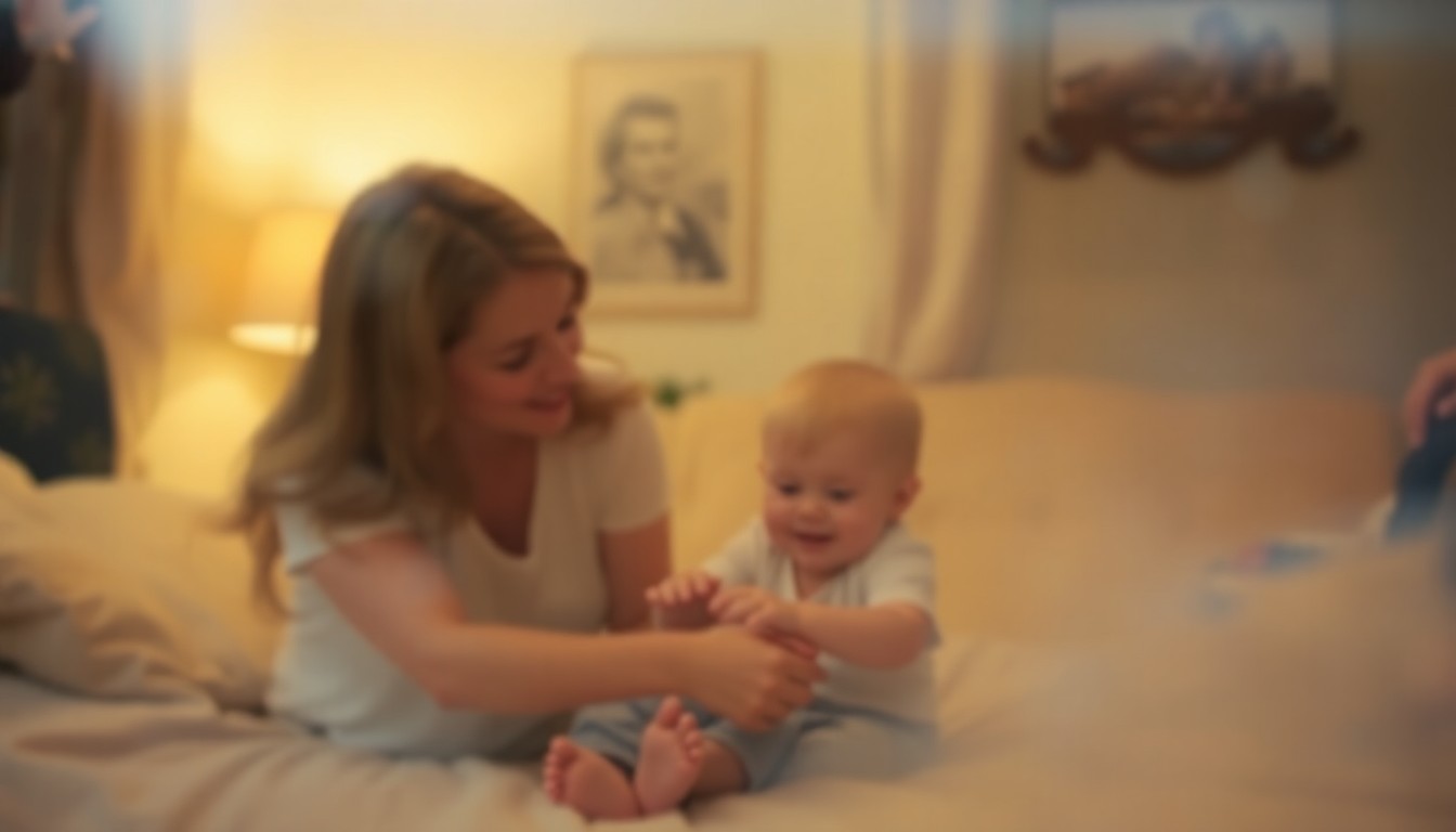 An extremely blurred, dreamlike scene of a parent and child playing together in a warm, cozy setting, captured in soft, hazy pools of light and color.