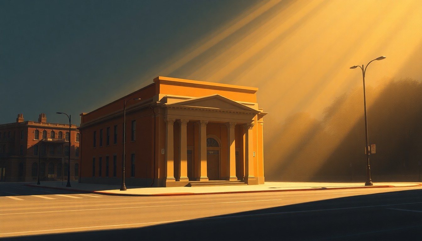 A serene, painterly depiction of a city hall building in warm, golden light, capturing a sense of civic duty and community engagement.