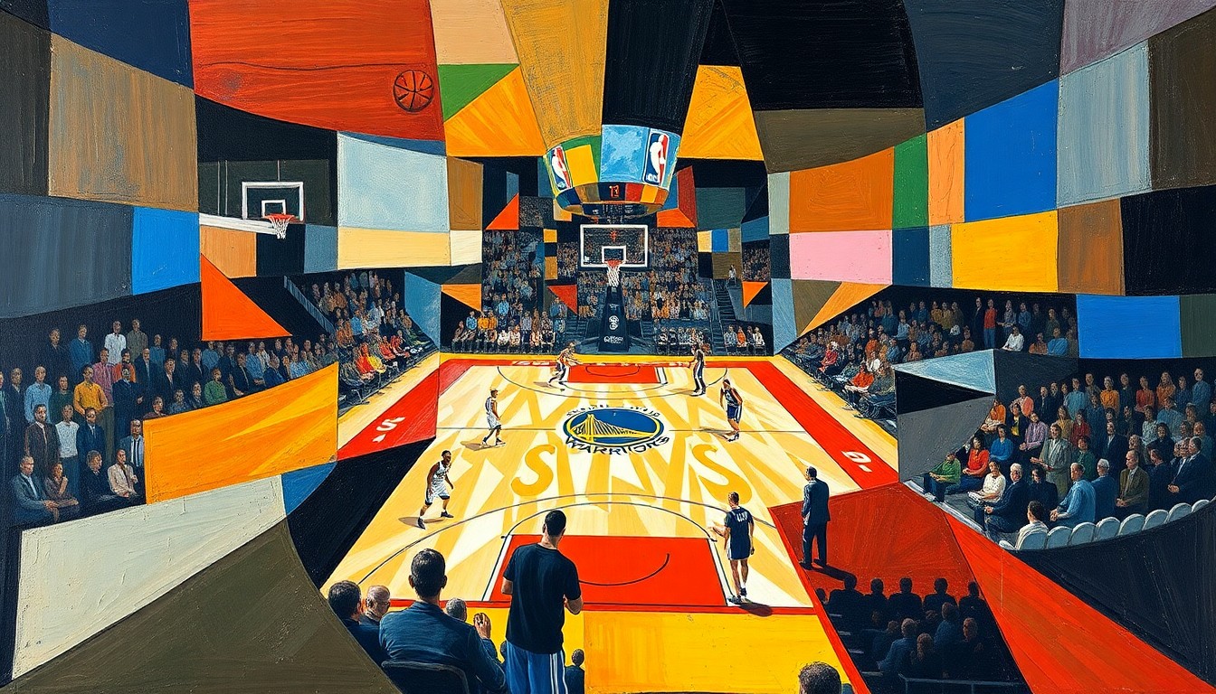 A fractured, geometric painting depicting a basketball game between the Phoenix Suns and Golden State Warriors, with the players and court broken down into sharp, overlapping planes of color and shape.