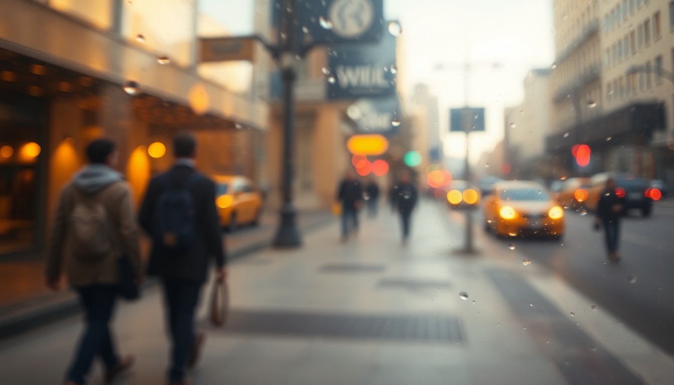 An abstract, impressionistic scene of blurred pedestrians walking on a city sidewalk, with soft, warm colors and a dreamlike, out-of-focus quality, conceptually representing the upcoming sidewalk upgrades in Evanston.