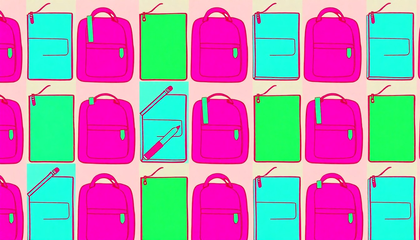 A brightly colored, high-contrast silkscreen print of a single, iconic school supply item repeated in a tight grid pattern, conceptually representing the community's input on renaming a Chicago elementary school.