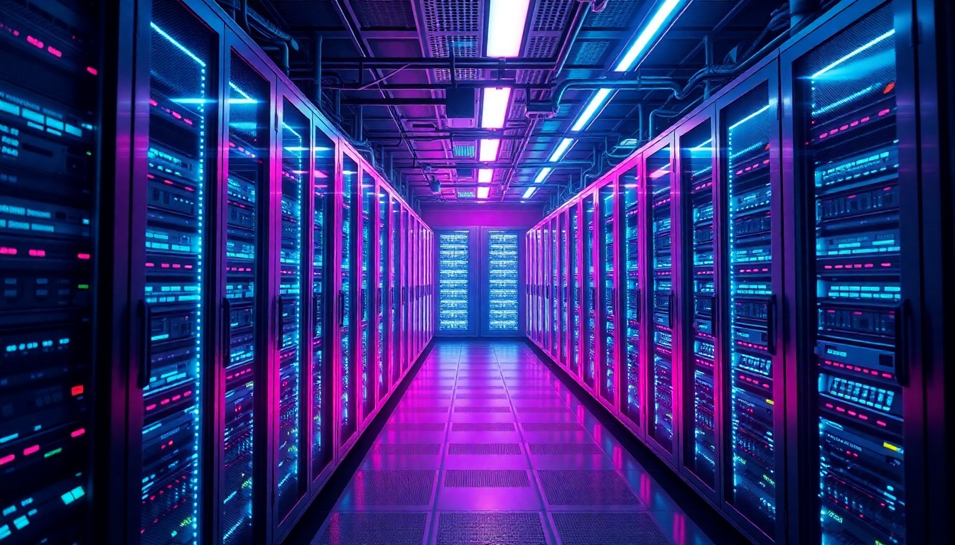 A highly detailed, glowing 3D illustration of a futuristic data center or server room, with neon cyan and magenta lights illuminating the intricate hardware infrastructure, conceptually representing the transformative impact of technology leadership.