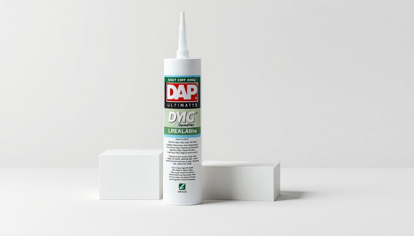 A photorealistic studio still-life image featuring two cartridges of DAP Dynaflex Ultimate latex sealant, one white and one clear, arranged elegantly on a clean, monochromatic background with dramatic lighting and shadows, conceptually representing the advanced performance and versatility of the product.