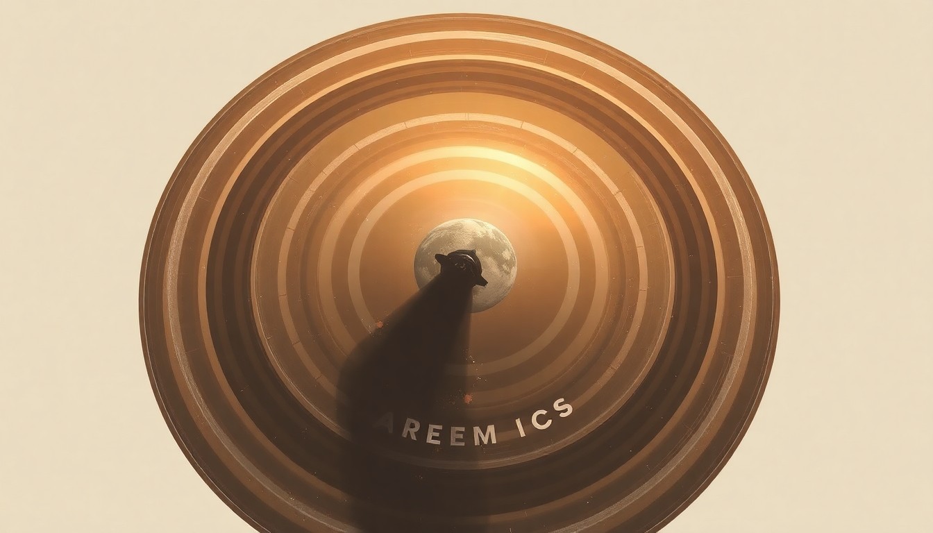 A bold, abstract painting in earthy tones depicting the Artemis II spacecraft's reentry, with sweeping geometric arcs, precise spirals, and intersecting waveforms representing the complex physical forces the vehicle experienced, conveying the structural order of the universe.