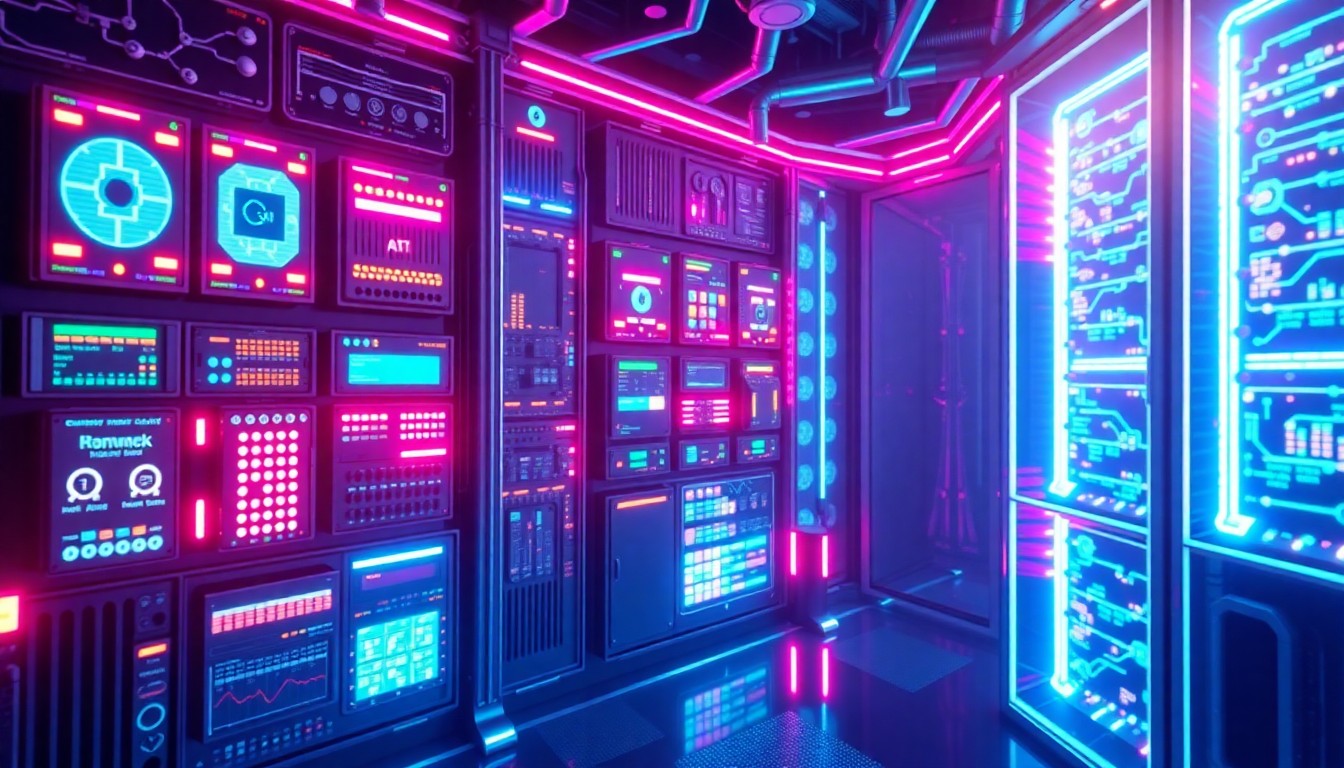 A highly detailed, glowing 3D illustration of a futuristic AI control panel or data center infrastructure, with neon cyan and magenta lights illuminating the various components, conveying the power and complexity of AI technology.