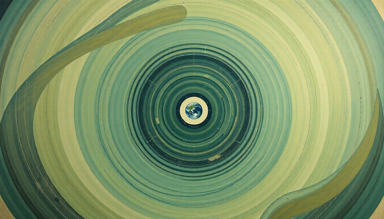A highly structured abstract painting in earthy tones of green, blue, and brown, featuring sweeping geometric arcs, concentric planetary circles, and precise botanical spirals, conceptually representing the complex interactions between lightning, the ionosphere, and the Earth's magnetosphere.