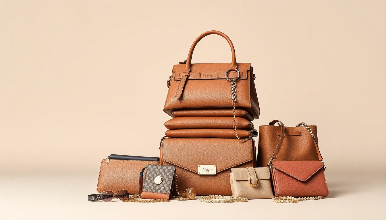 A high-end studio photograph featuring a stack of luxury handbags, jewelry, and accessories in muted earth tones against a clean, monochromatic background, conceptually representing the premium resale market.