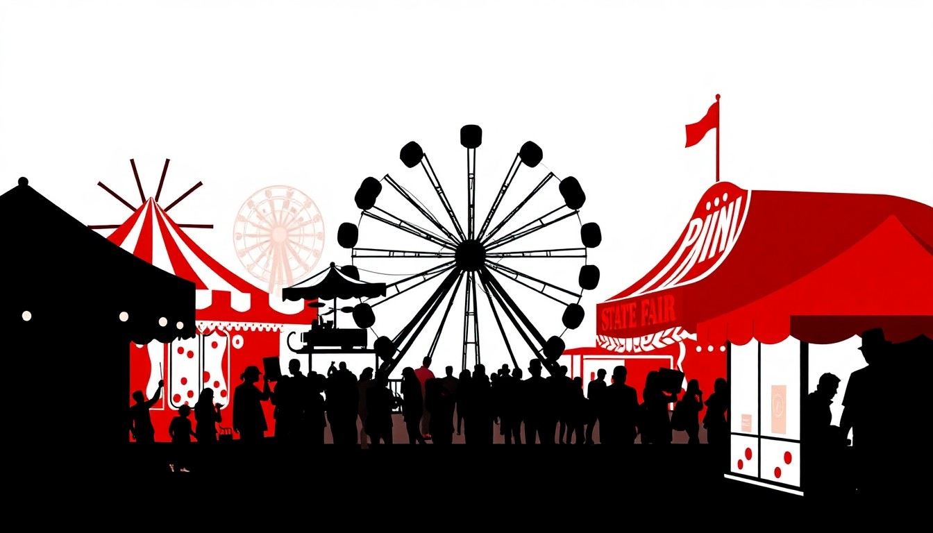 A minimalist, abstract illustration featuring bold black silhouettes of carnival rides, musical instruments, and agricultural elements against a vibrant red and white background, conceptually representing the diverse attractions and entertainment of the Montana State Fair.
