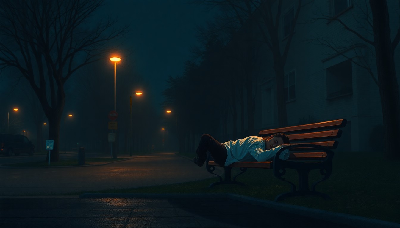 A serene, cinematic painting of a person sleeping on a park bench at night, with warm streetlights casting long shadows across the scene, conveying the melancholy and isolation of homelessness.