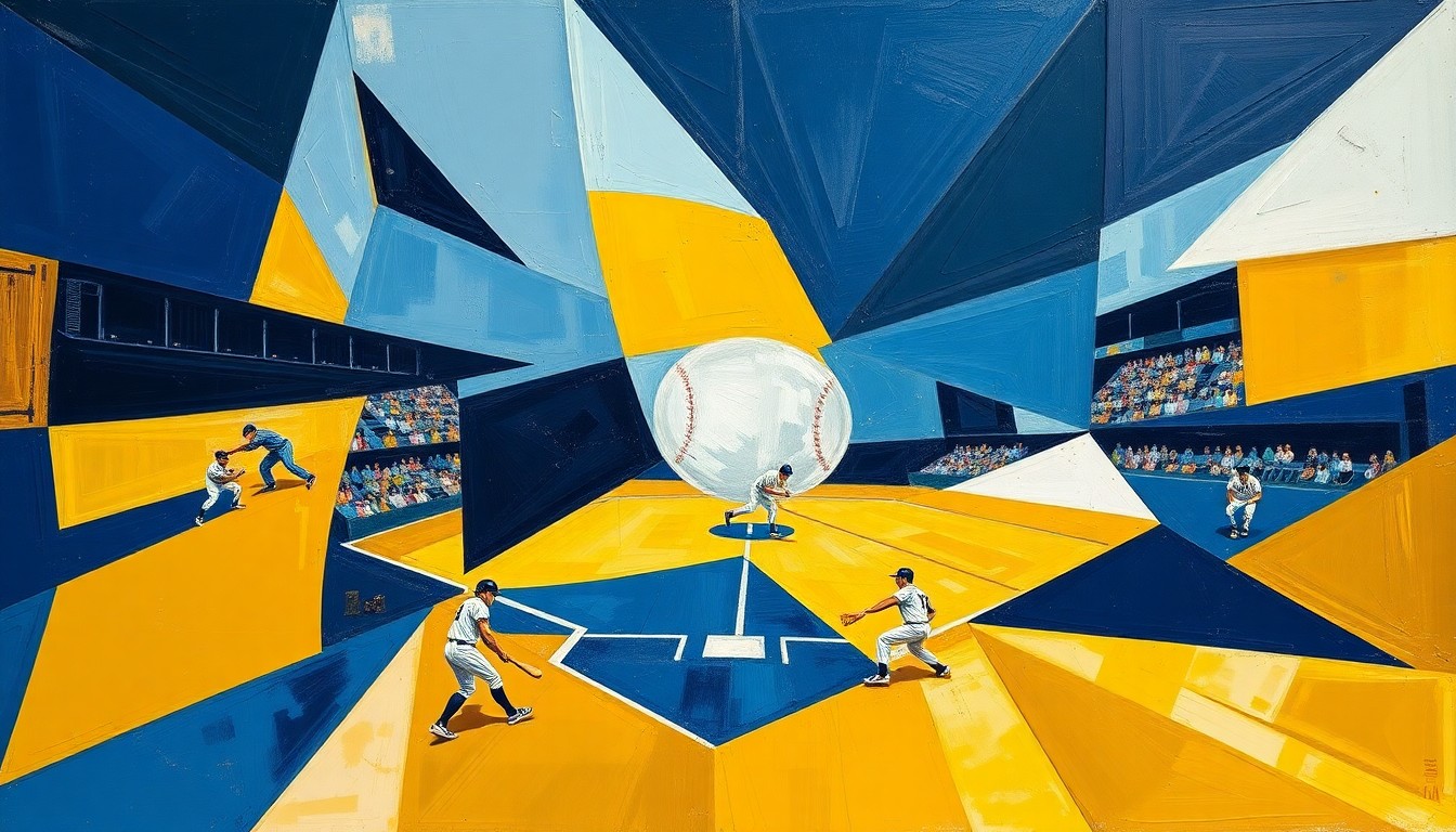 A fragmented, geometric painting in shades of navy, gold, and white, depicting the action and movement of a softball game from multiple angles and perspectives.