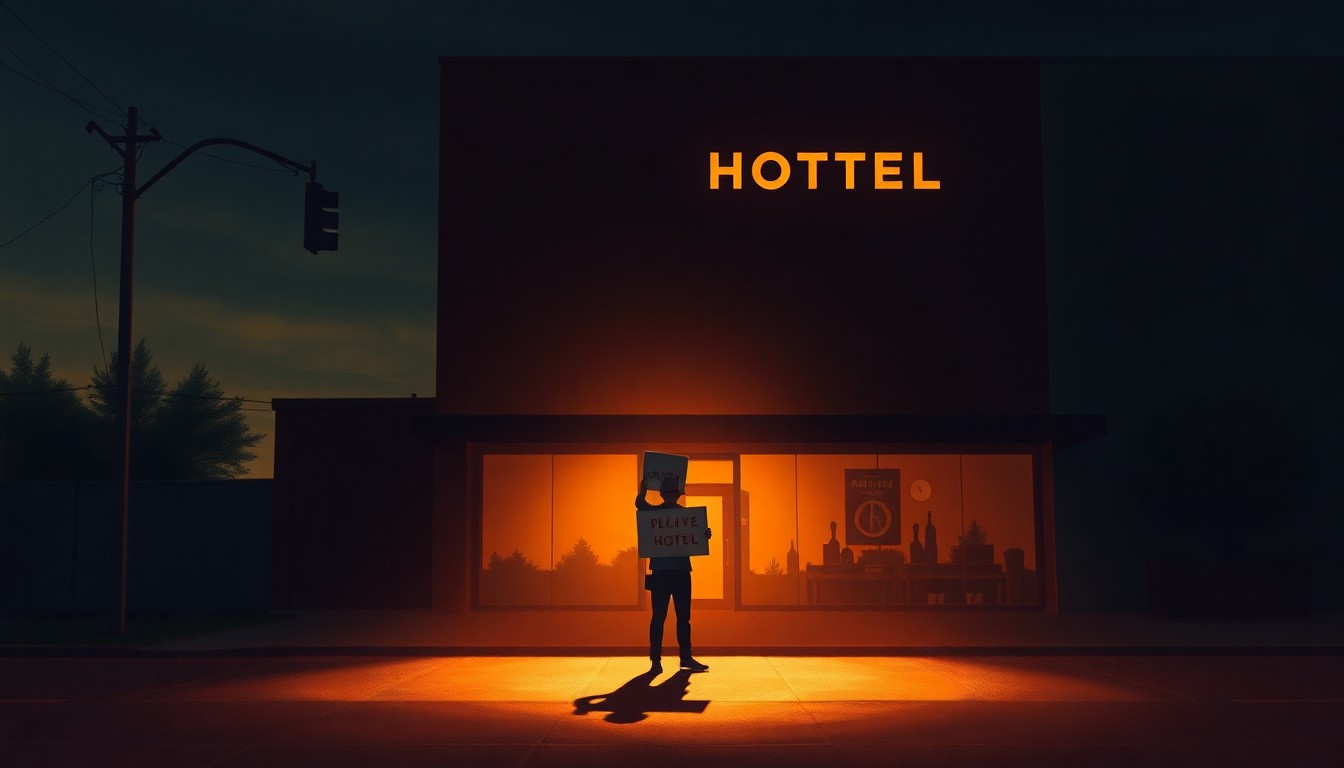 A solitary protester holding a sign stands in front of a hotel, the scene bathed in warm, cinematic lighting and deep shadows, capturing the quiet tension of the moment.