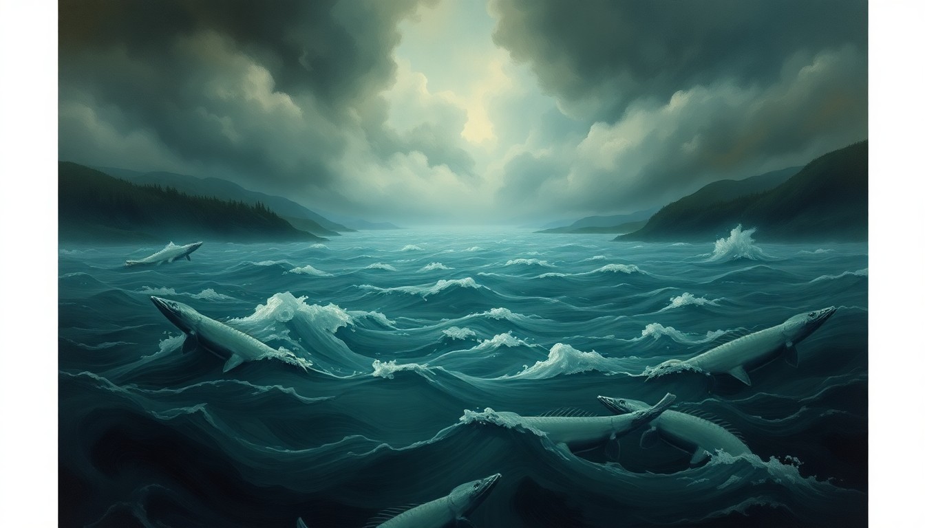A sweeping, atmospheric landscape painting in muted tones of blue, green, and grey, depicting a flooded river valley with the faint outlines of sturgeon barely visible beneath the turbulent, swirling waters. The scene conveys a sense of the overwhelming power of nature and the fragility of the sturgeon's habitat.