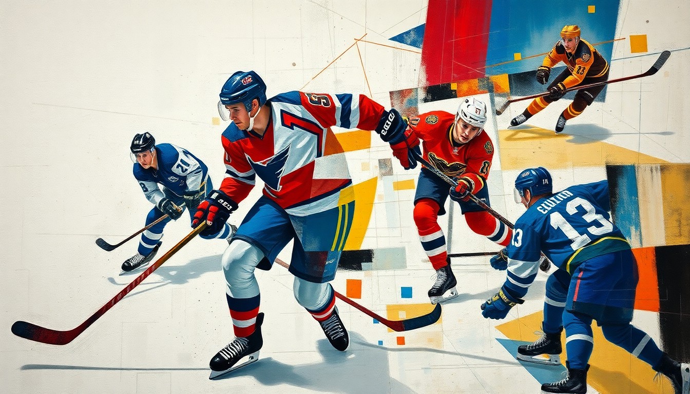 A fragmented, geometric painting depicting a hockey player's movements and interactions, conceptually representing the diverse ways a professional athlete can make a positive impact off the ice through volunteer work and charitable initiatives.