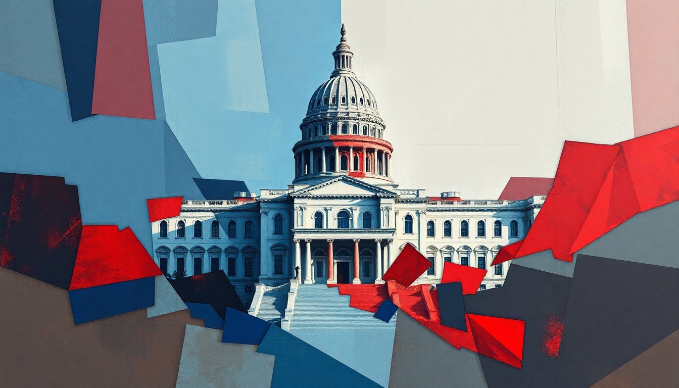 A fractured, abstract painting in shades of blue, red, and grey depicting the California state capitol building in a state of disarray, with overlapping, fragmented waves of color representing the political turmoil.