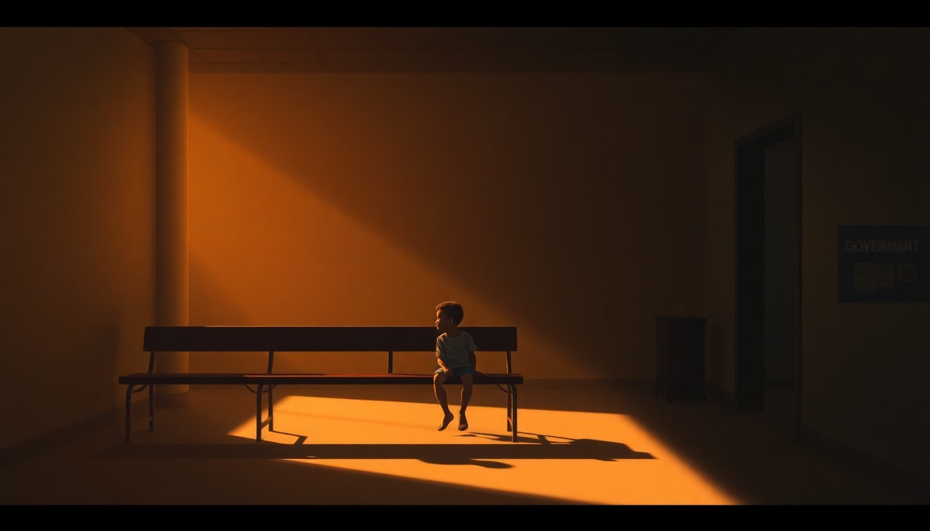 A solitary migrant child sits alone on a bench in a dimly lit government office, the warm glow of sunlight casting deep shadows across the scene, conveying a sense of isolation and uncertainty.