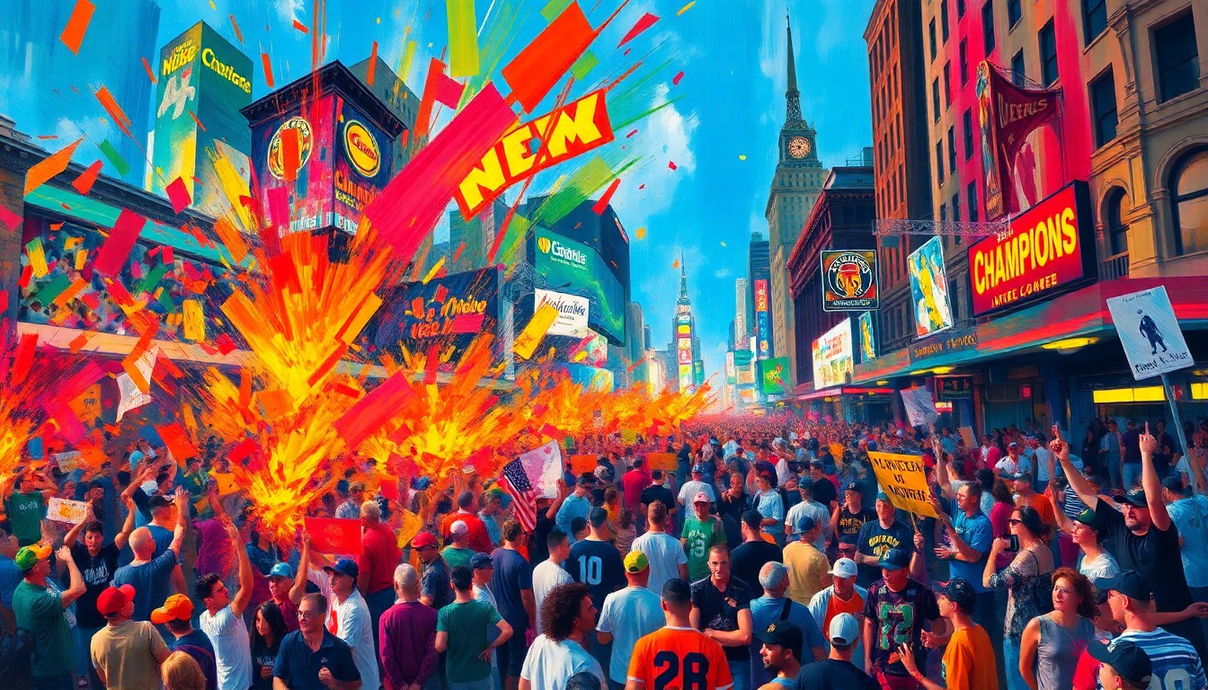 An abstract, energetic painting in neon colors and expressive brushstrokes, capturing the excitement and momentum of a large crowd of sports fans celebrating a championship victory in an urban setting.
