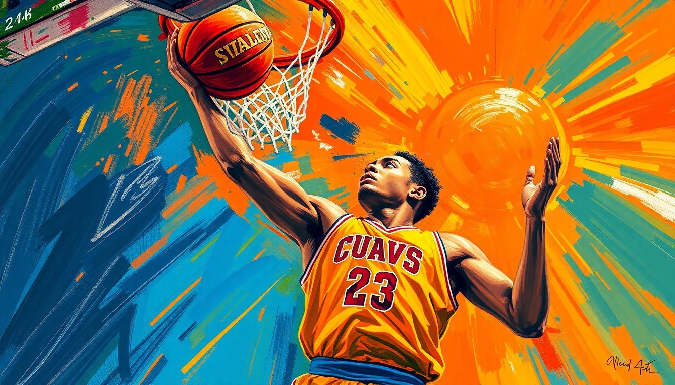 An abstract expressionist painting in neon colors depicting the dynamic motion of a basketball player shooting a free throw, capturing the energy and excitement of the moment.