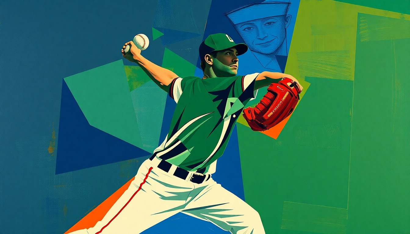 A fragmented, cubist-style painting depicting the various angles and movements of a baseball pitcher's delivery, rendered in a palette of navy, green, and orange.