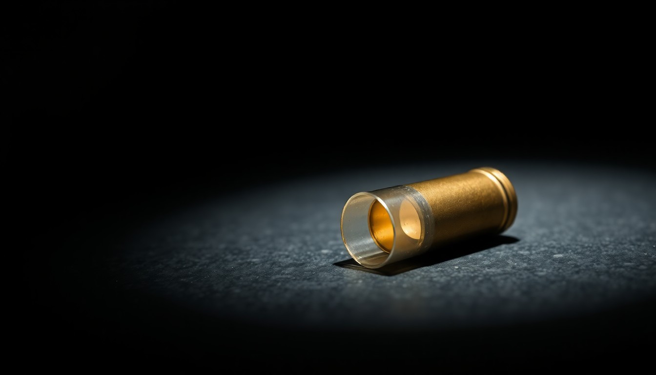 An extreme close-up of a single spent shell casing on a dark surface, creating a stark, gritty, investigative aesthetic through the use of harsh, direct flash lighting.