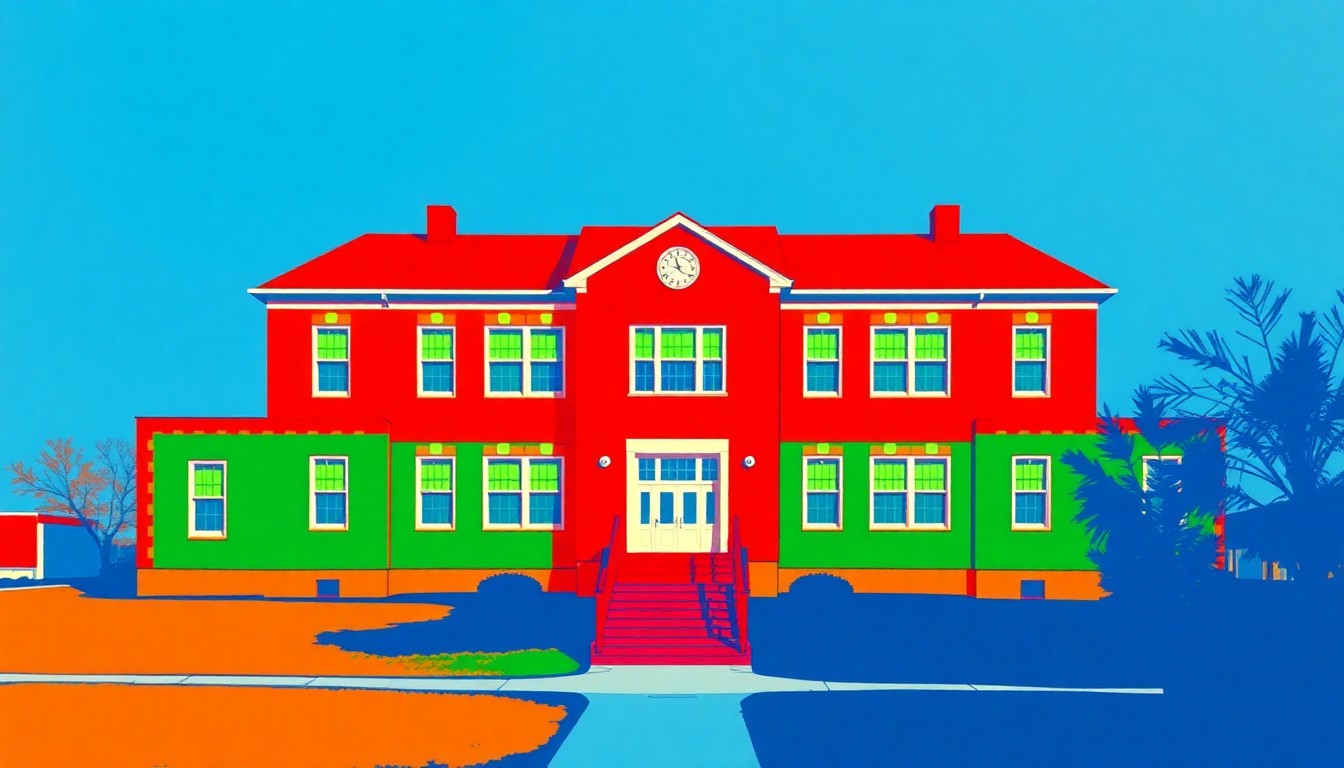 A brightly colored, high-contrast silkscreen print of a school building in shades of blue, green, and red, with the iconic shape of the building repeated in a tight grid pattern, conceptually representing the legal battle over PCB contamination in schools.