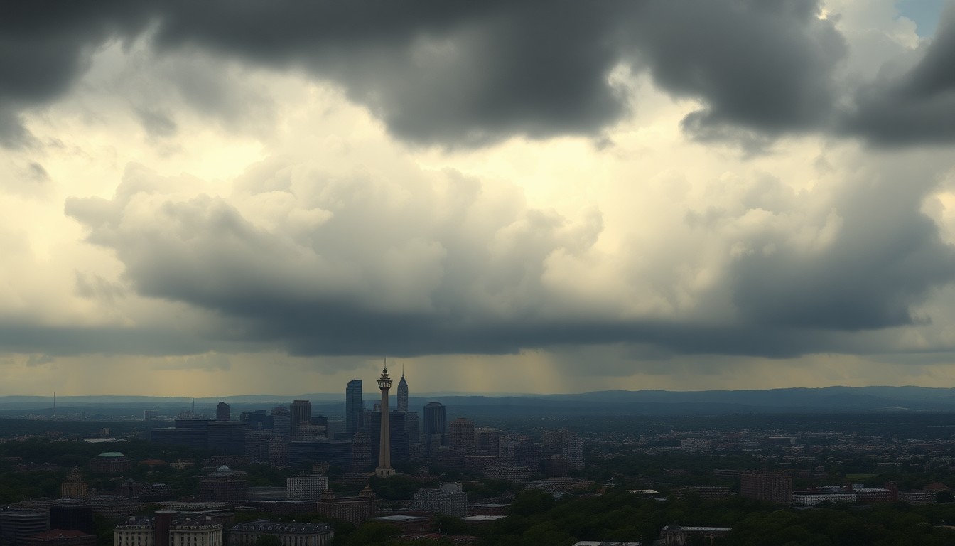 A dramatic, atmospheric landscape painting in muted tones of grey, blue, and green, depicting a cityscape obscured by heavy rain clouds and mist, conveying the sublime power of nature.