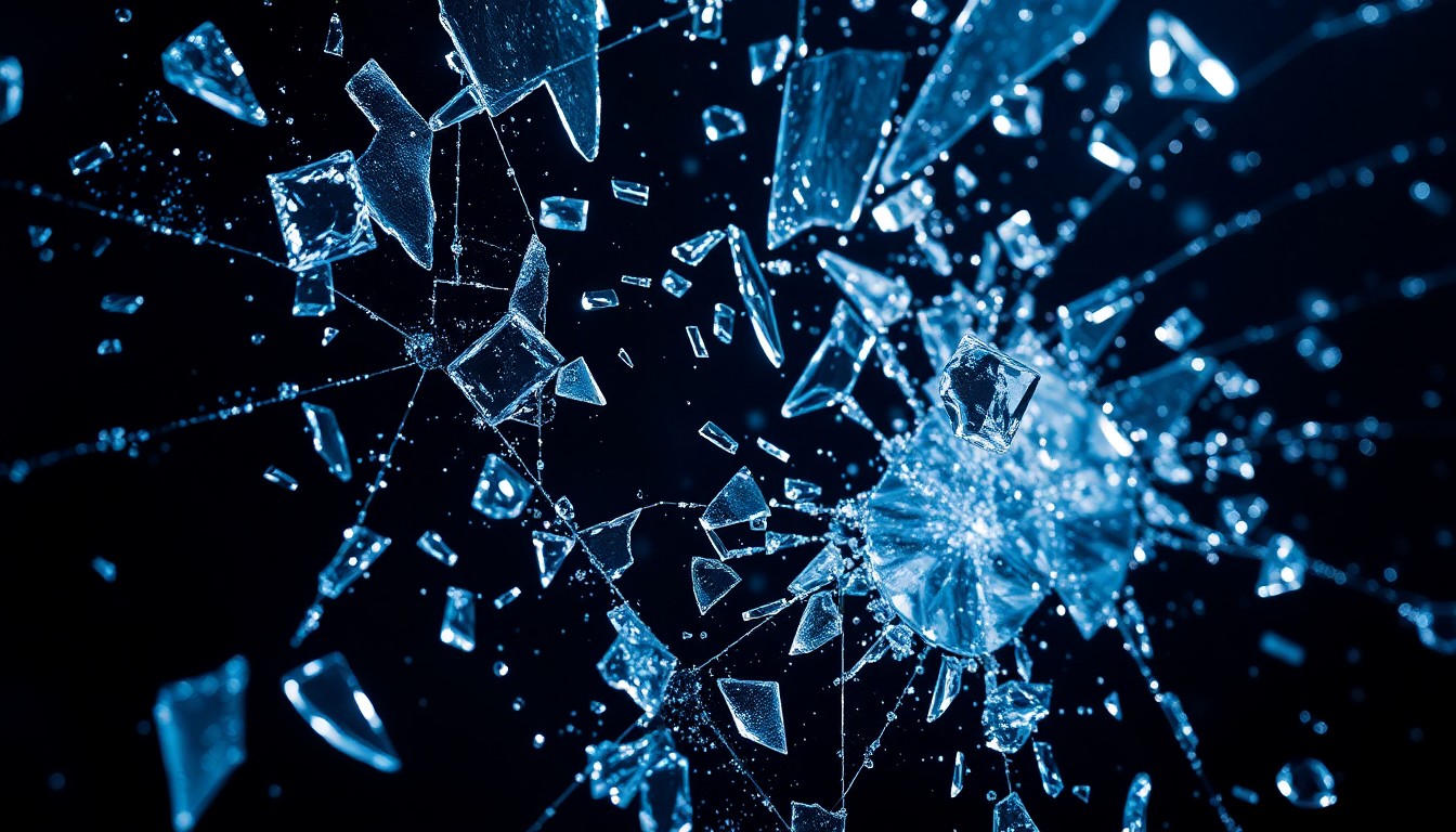 An extreme close-up photograph of shattered glass and glittering shards, capturing the high-stakes drama and glamour of a hit TV show through dramatic lighting and abstract textures.