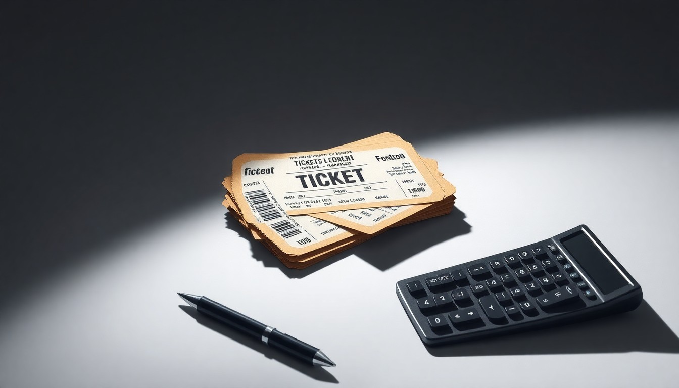 A photorealistic studio still life featuring a stack of concert tickets, a pen, and a calculator on a clean white background, symbolizing the lack of transparency in ticket pricing.
