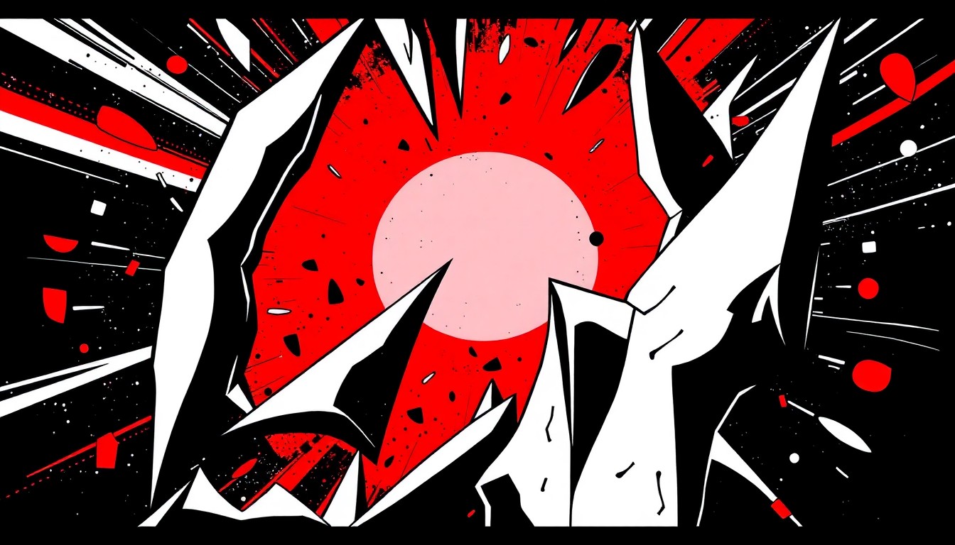 An abstract, minimalist illustration featuring bold, jagged shapes in black, white, and vibrant red, conceptually representing the experimental, genre-blending nature of Gelli Haha's live show.