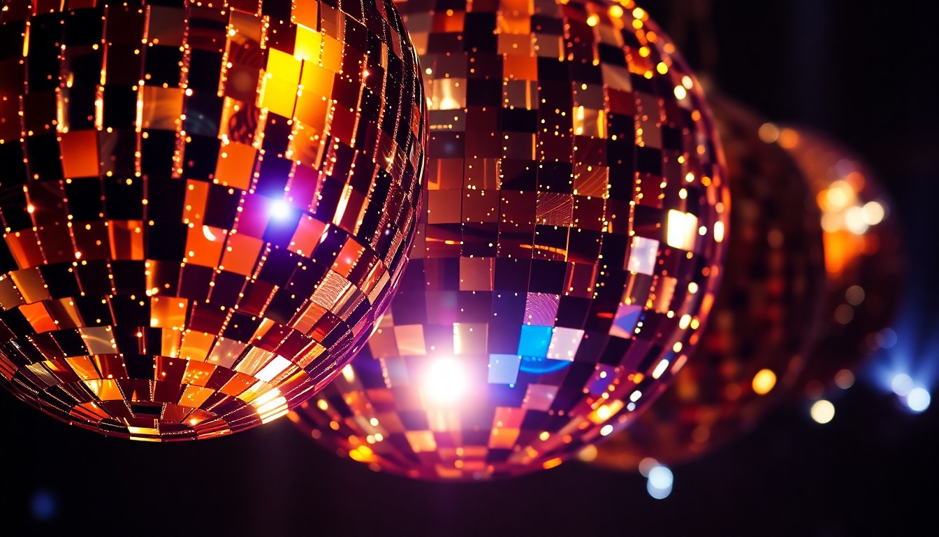 An extreme close-up photograph of a shimmering, glittering disco ball texture captured in dramatic high-contrast studio lighting, evoking the energy and glamour of a rock concert performance.