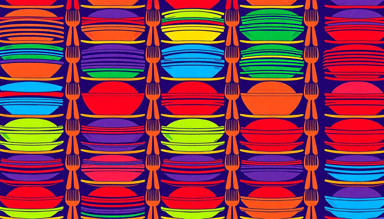 A bold, colorful silkscreen-style illustration featuring a repeating grid of plates, forks, and other dining implements in a range of bright, neon-like hues, conceptually representing the diverse culinary experiences and energy of the Taste of Atlanta food festival.