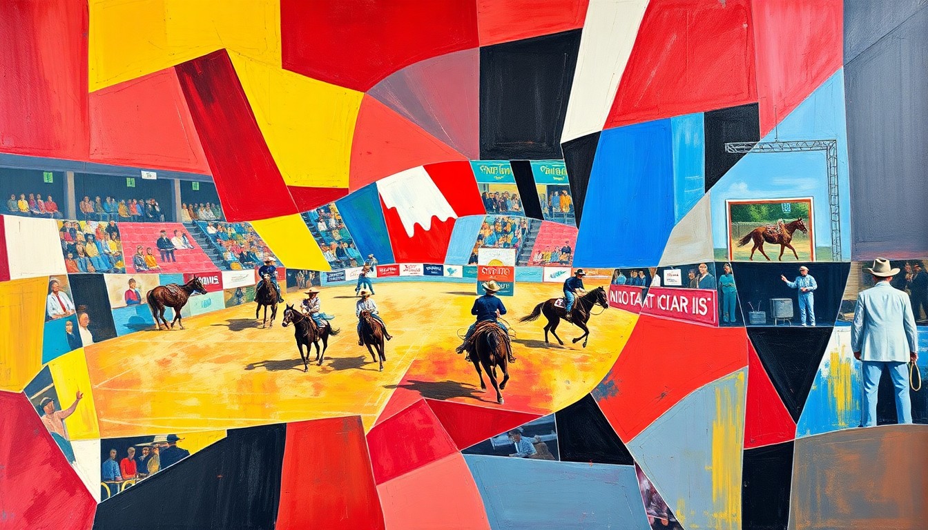 A fragmented, geometric painting depicting various rodeo events and competitors, rendered in a cubist style with bold, clashing colors and overlapping shapes.
