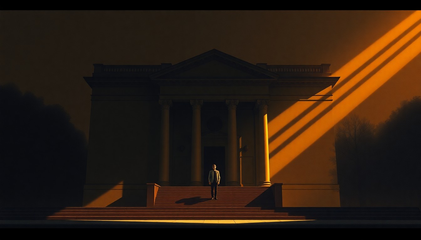A serene, cinematic painting of a city hall building with a lone figure standing on the steps, bathed in warm, diagonal sunlight and deep shadows, conveying a sense of quiet contemplation and the weight of civic responsibility.